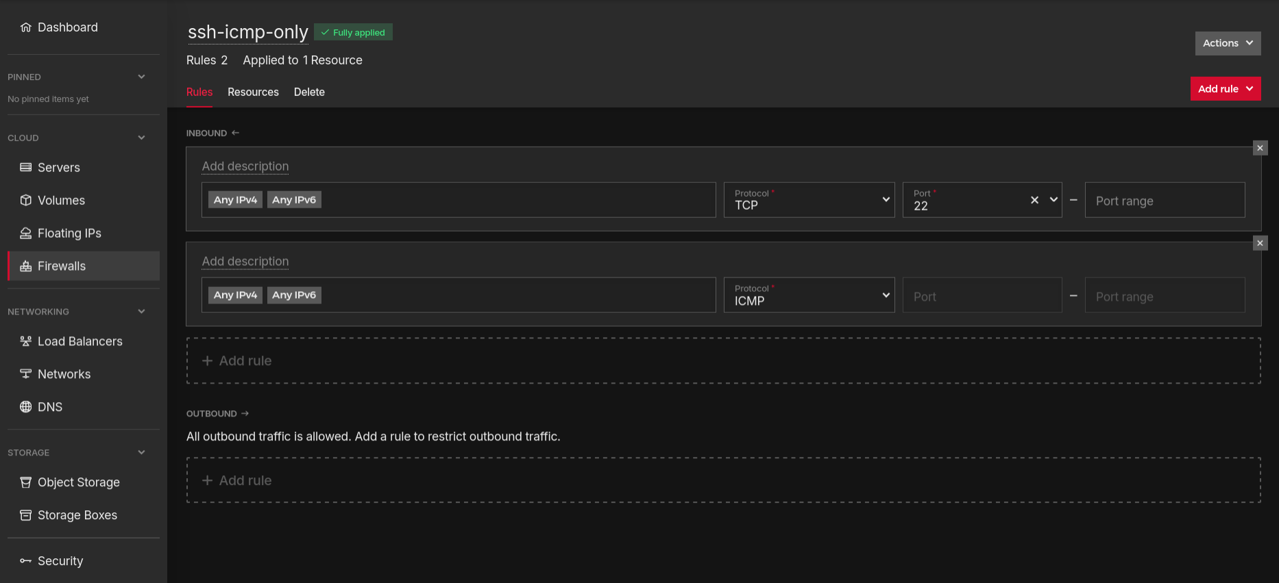 Hetzner Cloud Firewall rule configuration