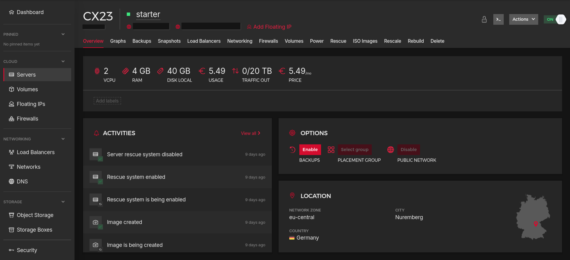 Hetzner Cloud “starter” server overview